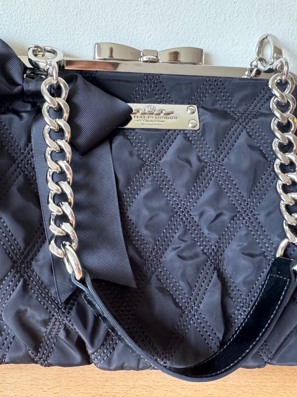 My Flat in London Jan Haedrich Black Quilted Bow Kiss Lock Frame Satchel Purse